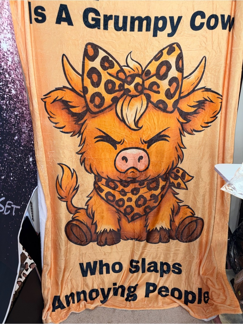 Orange Graphic Cow Plush Throw Blanket - Leopard Bow Design